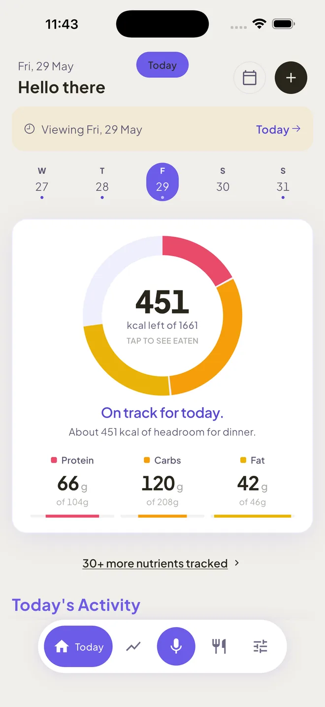 SpeakCal Today screen showing the nutrition donut, macros, and 30+ nutrients