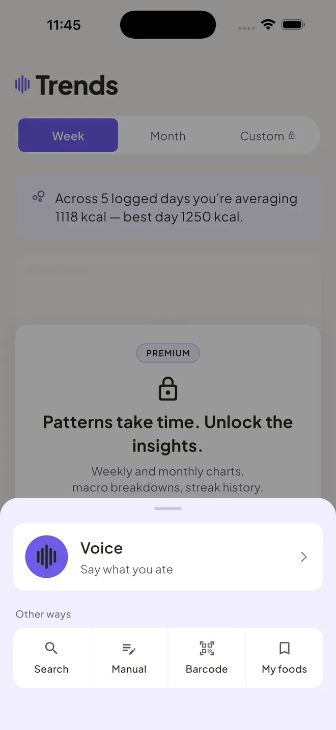 SpeakCal voice logging sheet — tap the mic and say what you ate